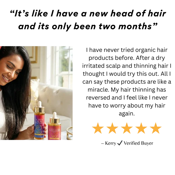 testimonial of woman using hair and sclap elixirs by arz organic beauty