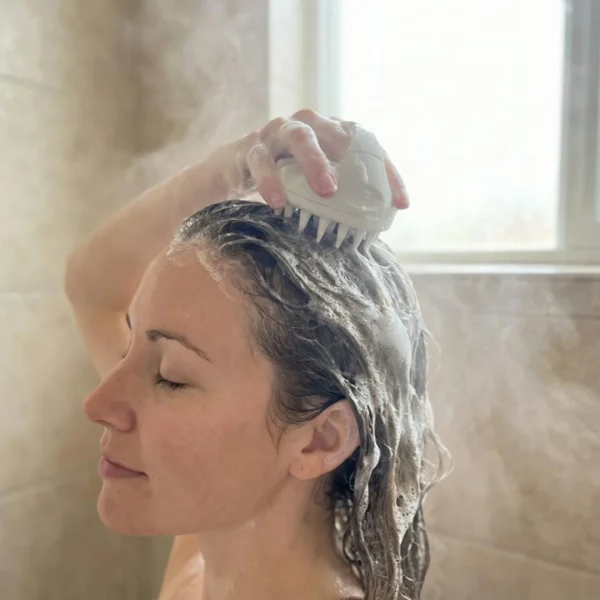 shampoo brush in use by a woman in shower